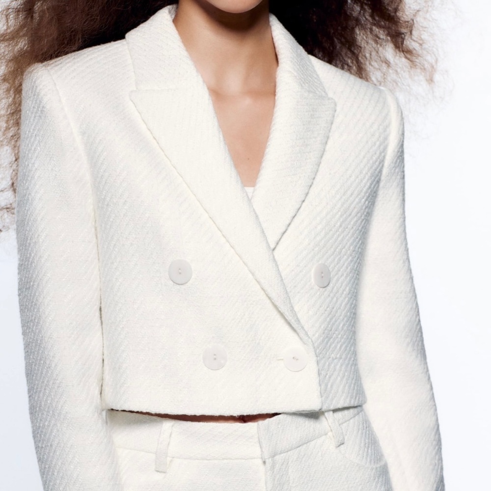 Zara Textured White Cropped Blazer